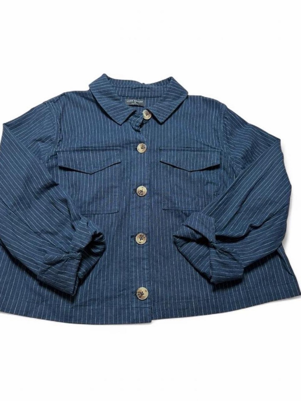 Lane Bryant Navy Pinstripe Linen Blend Button Front Blouse Size 18